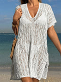 Sexy Short Sleeve Hollow Out Crochet Knitted Tunic Beach Cover Up Cover-ups Beach Dress Beach Wear Beachwear Female Women K6686