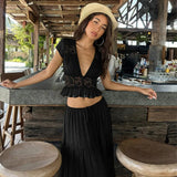 FDYOUI Sexy V-neck Lace Patchwork T-shirt Tops+Long Skirt 2 Piece Set Women's Summer Green Holiday Party Dress Suit Streetwear