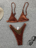 Ribbed Metallic Velvet Bikini Women Swimsuit Female Thong Swimwear Two Pieces Bikini Set High Cut Bathing Suit Swim Beachwear