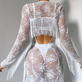 Toucheart Erotic Dress Elegant Palace-style Fringed Cardigan Spliced with See-through Intimate Lace Purelust Hip-hugging Dress