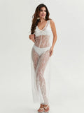Women Lace Dress Sleeveless V Neck Long Dress for Party Club Beach 2026 Summer Sexy See Through Bikini Cover-ups