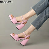 NASBAVI Women Patent Leather Sandals Super Chunky High Heeled Ankle Buckle Shoes Platform Summer Thick Heel Sandal Ladies 35-43