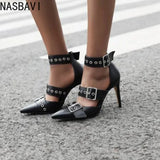 NASBAVI Black Punk Gothic High Heels Sexy Plus Size Pointed Toe Fashion Buckle Rivet Women Pumps Wedding Shoes Stiletto Heels