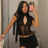 Women Sexy Hollow Out Mesh T-shirts 2026 Summer Bandage Short Sleeve Black Corset Girls Slim Crop Tops T Shirt Party Streetwear