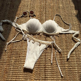Sexy Ribbed Push Up Shell Pattern Bikinis Sets Two Pieces Plain Swimsuits Back Tie Swimwear Biquini Conjunto De Bikini Tankini