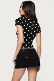 Women's summer fashion retro polka dot short-sleeved printed slim round neck top