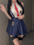 Sexy Student Skirt Sets Hanging Neck Tie JK Campus Short Backless Deep V Suspenders Sleeveless Skirt Sets For Women Elegant EMYH