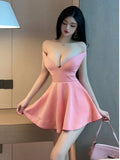 Women's 2023 Summer New Sexy Spicy Girl Fashion V-neck Sleeveless Backless Open Breast A-line Ultra Short Solid Sweet Dress 0U1N