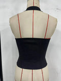 Summer Black White Contrast Tank Top Women Hanging Neck Lace Trim Button Slim Fishbone Waistband Camisole Sexy Party Hliday Vest