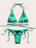 Halter Brazilian Metallic Satin Bikini Women Swimwear Female Swimsuit Two-pieces Bikini Set High Cut Bathing Suit Swim Beachwear