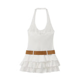 Halter Backless White Summer Women's Dress Sleeveless Beach Boho Short Mini Tierred Dresses with Shorts New Dress with Belt