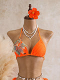 Sexy Black 3D Flower Holiday Bikini Set 2026 Women Drawstring Side Knitted Cover Up 3 Piece Swimsuit Beach Bathing Suit Swimwear