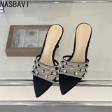 Fashion Crystal Rhinestone Thin High Heels Slippers Summer Pointed Toe Open Toes Woman Retro Slippers Party Dress Shoes New