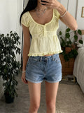 Summer Women Short Sleeve T-shirt Solid Color Low-necked Pleated Hem Casual Tops Y2K Retro Shirts