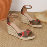EUR Size 45 Leisure Espadrille Wedge Sandals Women Cherry Summer High Heels Shoes Beach Vacation Platform Ankle Strap Sandals