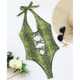 New Sexy Snake Skin Halter Monokini Women Swimwear One Piece Swimsuit Female Tummy Cut Out Bather Bathing Suit Swim Lady V3056