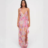 Deep V-neck Strap Dress Sexy Ruffled Long Dress Womens Pink Rose Print Strap Dress Ruffle Sleeveless Summer Beach Dress GO0Y