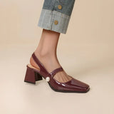 NASBAVI Fashion Women Pumps Slingback Sandals Square Toe Patent Leather Block High Heeled Mary Jane Shoes Ladies Gold Silver