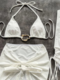 With Skirt Halter Metal Ring Bikini Women Swimwear Female Swimsuit Three-pieces Bikini Set Tassel Bathing Suit Swim Beachwear