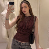FDYOUI Elegant Lace Patchwork Tank Tops 2026 Summer See-through Sleeveless T-shirt Ladies Folds Slim Corset Crop Top High Street