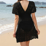 S - XL Short Sleeve V Neck Crochet Knitted Tunic Beach Cover Up Cover-ups Beach Dress Beach Wear Beachwear Female Women V5314