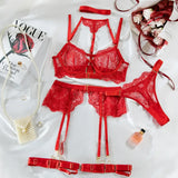 Toucheart 5 Piece Sexy Embroidery Underwear Set for Women Mesh Patchwork See-through Halter Underwear Garters Sexy Lingerie Set