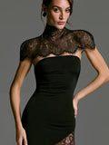 Ahagaga Fashion Women's Maxi Dresses Lace Patchwork Sexy Sheer Split Bodycon Slim Fit Turtleneck Sheath Female Party Vestidos