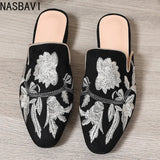 NASBAVI Fashion 3d Embroidery Mules Women Fur Slippers Velvet Shoes Ladies Low Heel Flower Decoration Sandals Women's Flip Flops