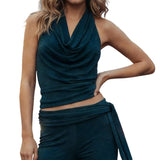Women's Summer Halter Tank Tops Solid/Diamond Grid/Stripe Print Sleeveless Backless Vest for Party