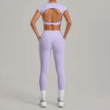 Yoga Set Women's Tracksuit Short Sleeve Back Hollow Out Sports Top Athletic Wear Tight High Waist Pocket Leggings Fitness Suits