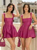 Summer Women Bow Backless Elegant Dress Solid Color Sleeveless Square Neck A-line Dress Evening Party Daily Dresses