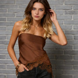 Women Sleeveless Strapless Lace Trim Tube Tops Satin Finish Off Shoulder Slim Fit Bandeau Streetwear