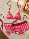 Sexy Red Striped Bikini Set Women Metal Flower Push Up Bra High Waist Pants 3 Piece Swimsuit 2026 Bathing Suit Holiday Swimwear