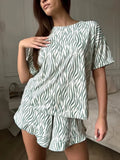 Leopard Print Pajama Set Casual Short Sleeve Top And Matching Elastic Shorts Stylish Comfortable For Ladies Summer Loungewear