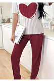 Autumn Winter Round Neck Short Sleeve Long Pants with Ribbed Stripes and Letter Heart Print Women's Pajamas Home Wear