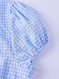Women Plaid Shirts Button Down Puff Short Sleeve Lapel Neck Tops Fashion Slim Fit Ruffle Trim Blouses Summer