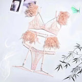 Toucheart 4 Piece Set Fun Lingerie For Women Feather Lace Splicing Chain Sexy Slim Mesh See-Through Sexy Lingerie Garters Suit