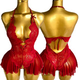 Elegant Lace Halter Neck Teddy Bodysuit With Bow Detail And Ruffled Hem Sexy Women's Lingerie