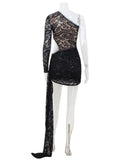 Ahagaga Sexy Sheer Women's Mini Dresses Lace Solid Sheath Long Sleeves One Shoulder Ribbon Sheath Slim Fit Streetwear Vestidos