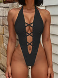 Deep V Neck Criss Cross Backless One Piece Swimsuit Women Thong Swimwear Female High Leg Cut Monokini Bather Bathing Suit Swim