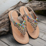 2026Summer New Boho Style Clip-On Beaded Rhinestone Buckle With Elastic Heel Rubber Strap Women's Shoes Casual And Comfortable