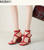Brand Design Cross-Strap Rhinestone Sandals Summer For Women Crystal Strange Style High Heels Buckle Strap Dress Shoes Blue Red