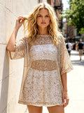 Summer Women's Fishnet T-shirt Casual Loose Fit Stylish Solid Color See Through Sequined Crew Neck Elbow Sleeve Tops
