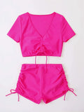 Sexy Drawstring Bikini Set 2026 Women Green Black Short Sleeve Two Piece Swimsuit Summer Bathing Suit Pleate High Waist Swimwear