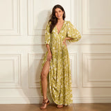 Women Bohemian Holiday Beach Long Dress 3/4 Sleeve V Neck Floral Print Loose Summer Casual Swing Dresses