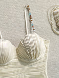 Wrinkled Shell Underwired Beads Women Swimwear One Piece Swimsuit Female High Leg Cut Monokini Bather Bathing Suit Swim Bodysuit