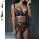 Toucheart Erotic Lingerie Fashion New Floral Embroidered See-through Mesh Body-shaping Women Sexy Underwear Three-piece Hot Set