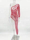 Toucheart Sexy Lingerie Women's Jumpsuit Shiny Diamond Fishing Net One-sleeved Leg Jumpsuit Sexy Hollow Out See-through Jumpsuit