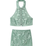 Women's Fashionable Lapel Embroidered Backless Shorts Set J25E