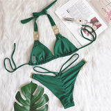DEKA Solid Green Rhinestones Bikini Set Women Push Up Glitter Diamond Swimsuit Chain Metal Bathing Suit Luxury Thong Swimwear